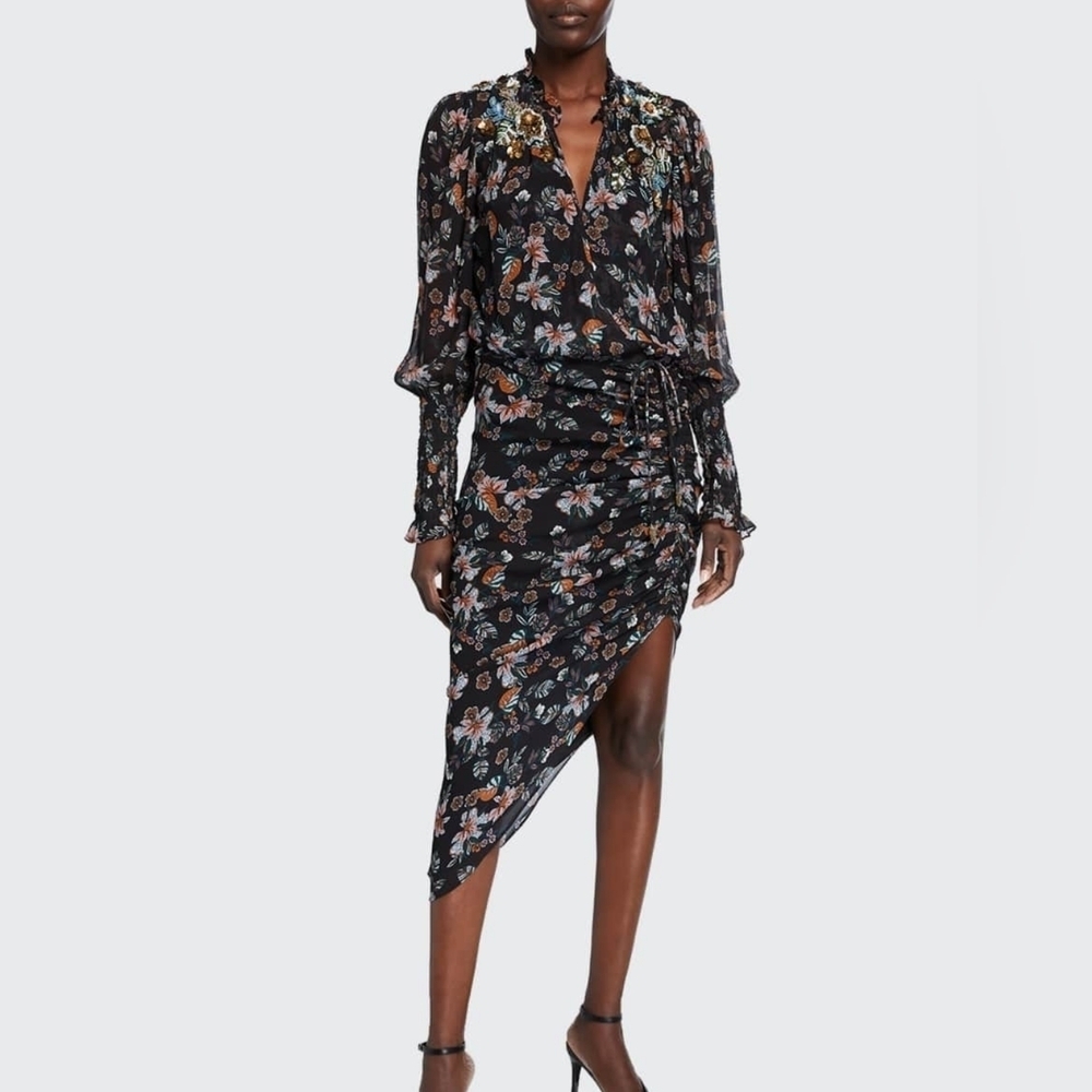 Veronica Beard Shaia Floral Ruched Asymmetrical Midi Dress Black Size 0